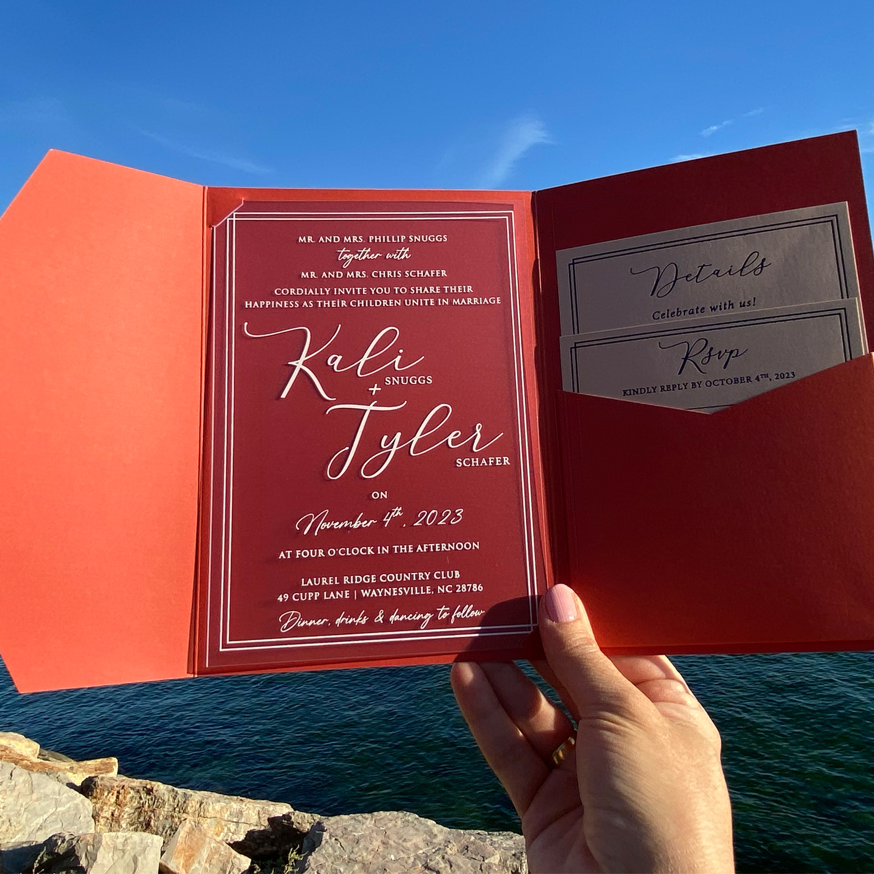 Acrylic Wedding Invitation. Burnt orange envelope with pocket. White print. Detail Card. Blush color mailing envelope